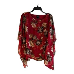 JM Collection women's printed chiffon poncho top Glamorous Red size M